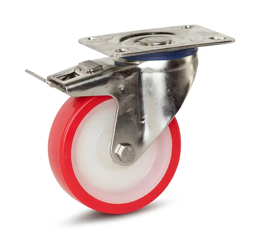 Zestaw kołowy skrętny nierdzewny z hamulcem, czerwony / biały poliuretan  100 mm PU - RPU4-100G