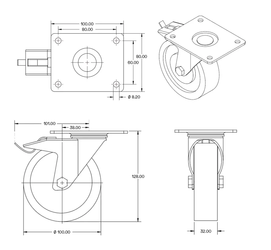 Zestaw kołowy skrętny z nylonowe z hamulcem 100 mm - NY4-100