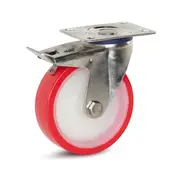 MESO Zestaw kołowy skrętny nierdzewny z hamulcem, czerwony / biały poliuretan 125 mm - 220 kg