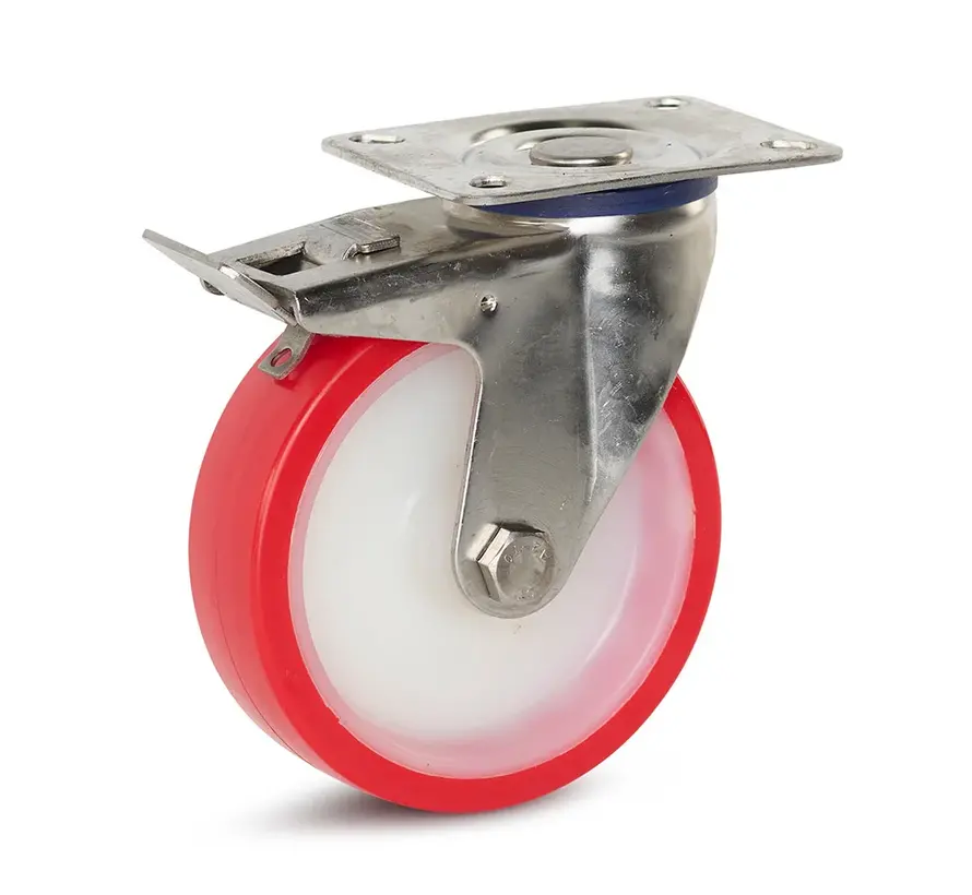 Zestaw kołowy skrętny nierdzewny z hamulcem, czerwony / biały poliuretan 125 mm - 220 kg