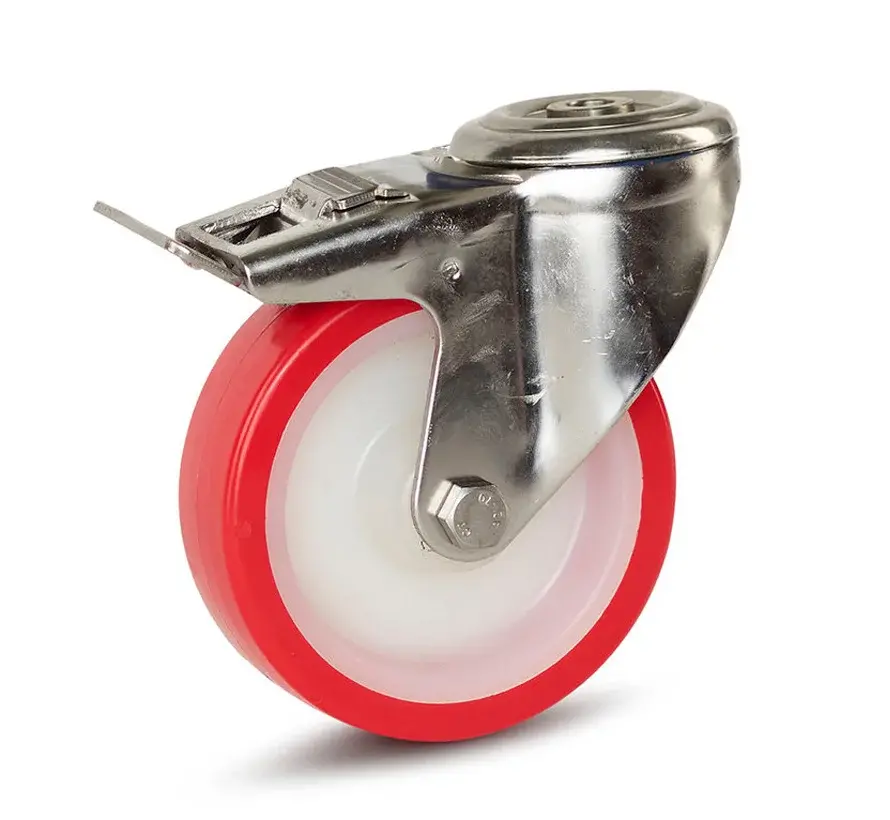 Zestaw kołowy skrętny nierdzewny z hamulcem, czerwony / biały poliuretan 100 mm - 180 kg