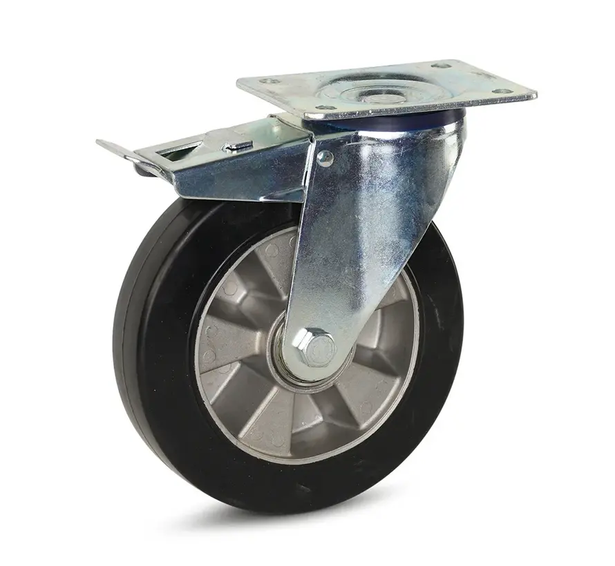 Zestaw kołowy skrętny z bieżnikiem z elastycznej gumy w kolorze czarnym z hamulcem 200 mm - RA4-200
