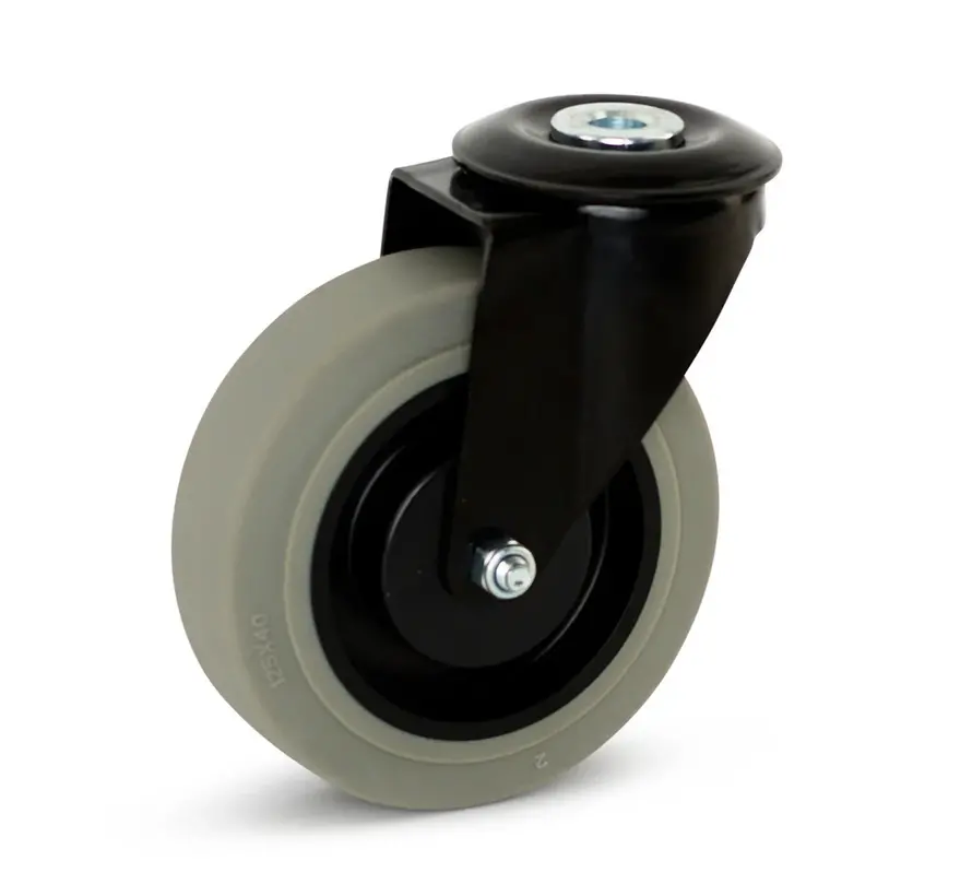 Szare gumowe kółko w czarnej obudowie z centralnym otworem - 125 mm - 180 kg