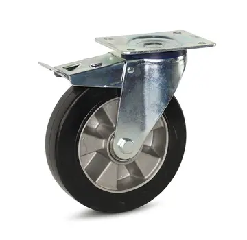 MESO Czarne elastyczne gumowe kółko obrotowe z hamulcem i płytą górną - 200 mm - 450 kg
