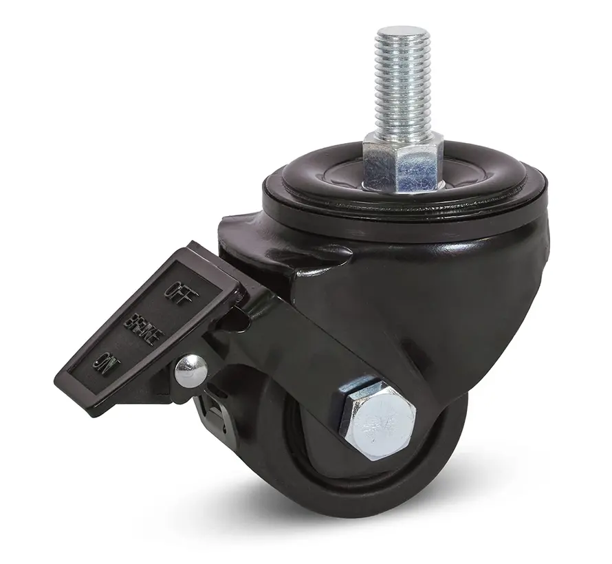 Czarne nylonowe kółko obrotowe do dużych obciążeń z hamulcem i gwintem - 65 mm - 500 kg