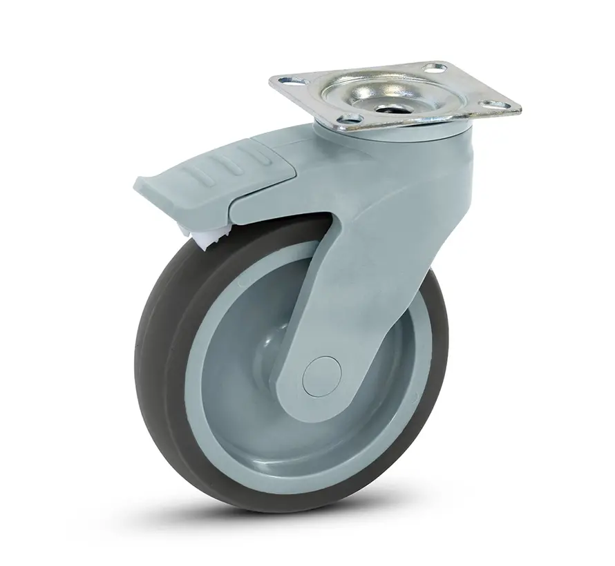 Szare plastikowe kółko obrotowe z hamulcem i płytą górną - 125 mm - 100 kg