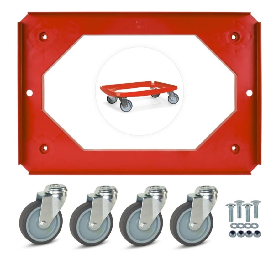 MESO - Wózek transportowy - Platforma rolkowa ABS - Czerwony - Powierzchnia ładunkowa 600 x 400 mm - 4 kółka skrętne TPR - 100 mm - 250 kg
