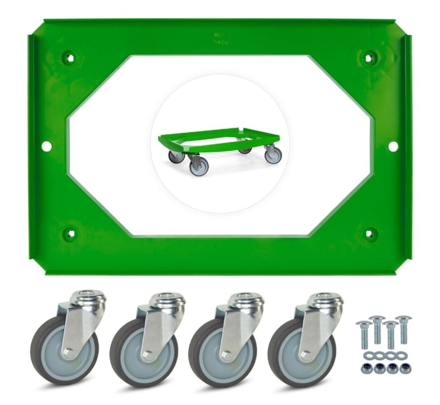 MESO - Wózek transportowy - Platforma rolkowa ABS - Zielony - Powierzchnia ładunkowa 600 x 400 mm - 4 kółka skrętne TPR - 100 mm - 250 kg