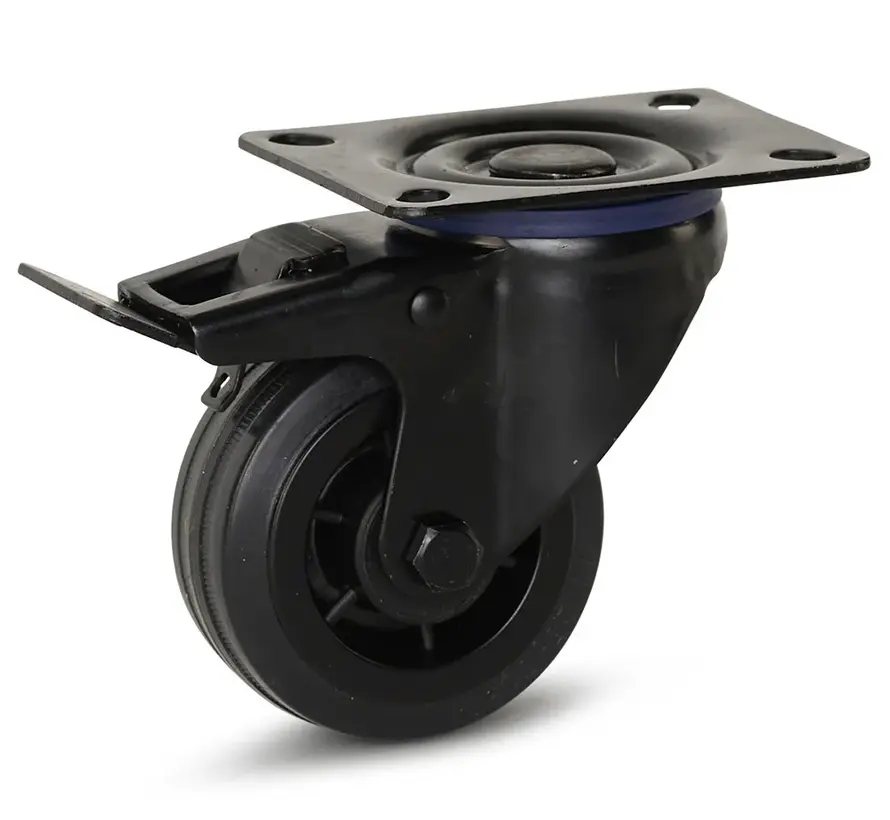Czarne gumowe kółko obrotowe z hamulcem i płytką górną – 80 mm – 60 kg – wycofywane z oferty