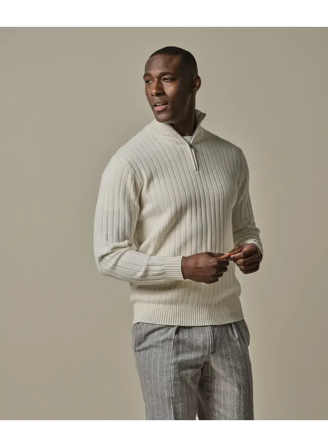 Profuomo Pullover Wol Blend Rib Half Zip Off-White