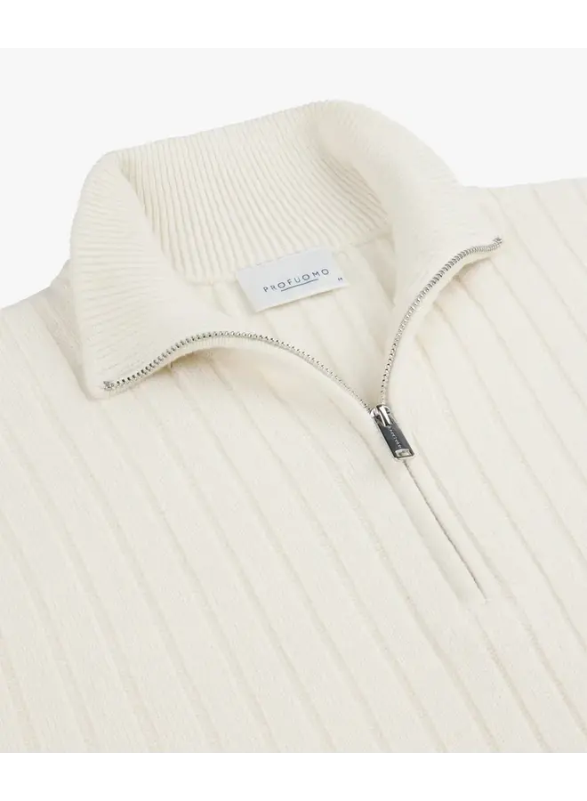Profuomo Pullover Wol Blend Rib Half Zip Off-White