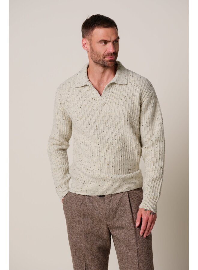 Profuomo Pullover Polo Open Collar LS Gemeleerd Sand