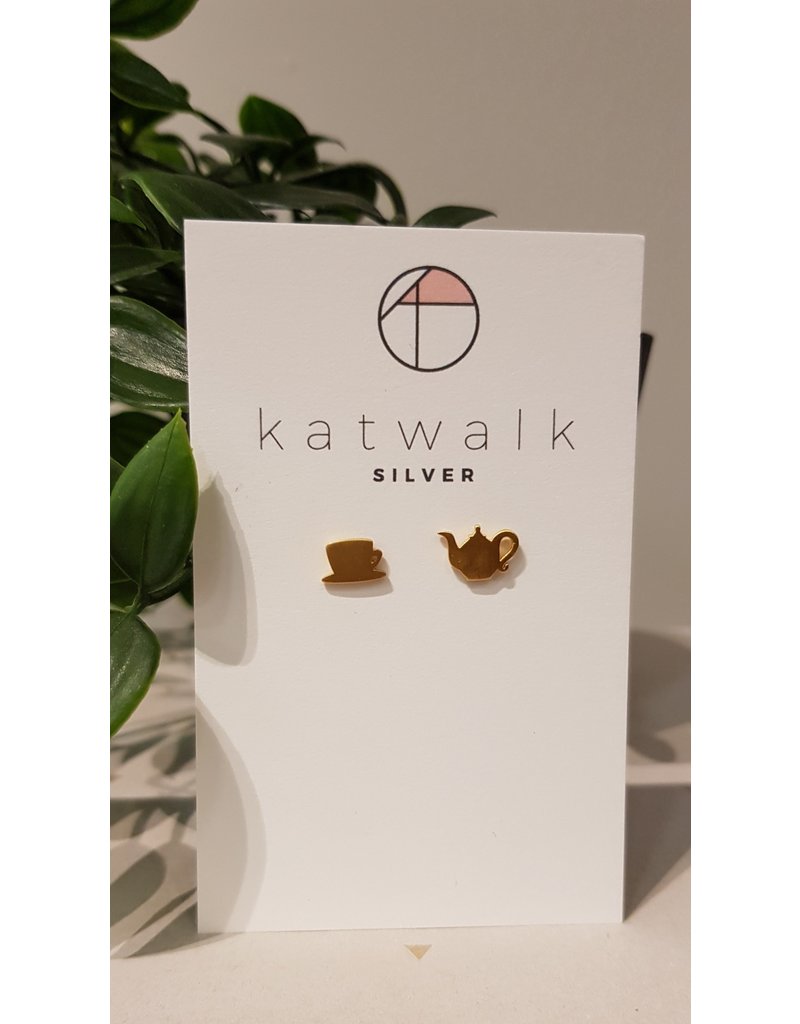 Katwalk Zilver Verguld zilver oorsteker - theepot & tasje