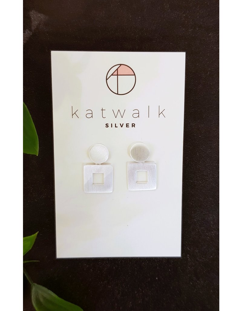 Katwalk Zilver Zilver oorsteker - rondje met vierkant open bold
