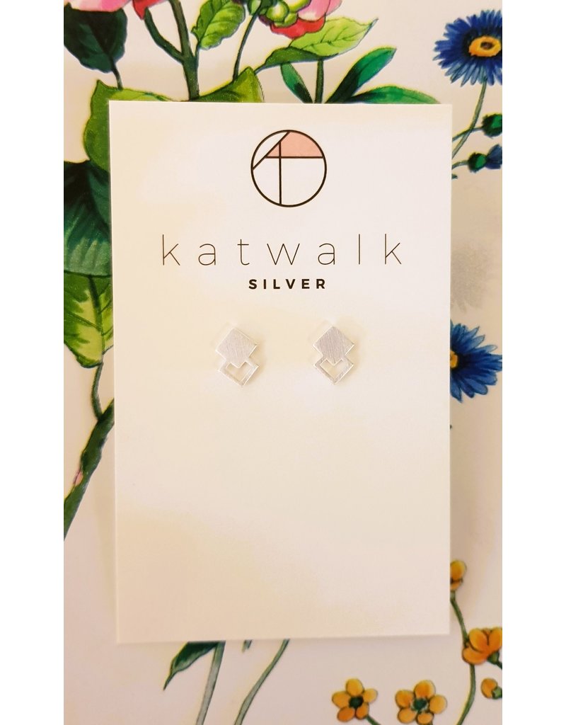 Katwalk Zilver Zilver oorsteker - Gevuld en open vierkantjes overlap
