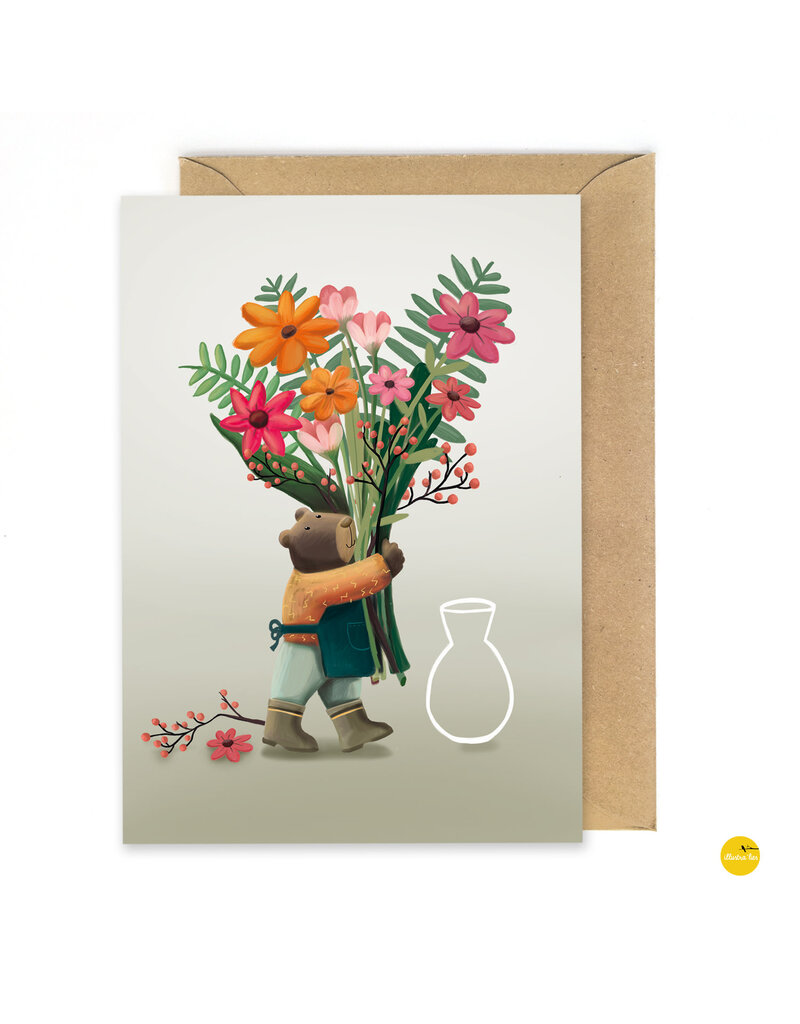 illustra'lies Wenskaart illustra'lies 'Beer met bloemen'