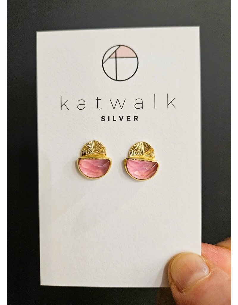 Katwalk Zilver Verguld zilver oorsteker - half moon - transparant roze