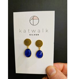 Katwalk Zilver Verguld zilver oorsteker - plakje met hangende steen -koningsblauw