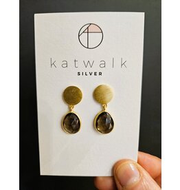 Katwalk Zilver Verguld zilver oorsteker - plakje met hangende steen -bruin
