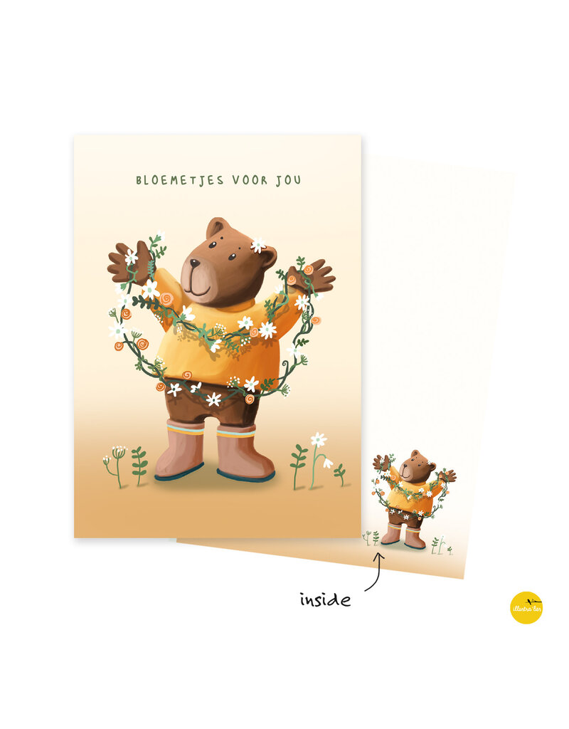 illustra'lies Wenskaart illustra'lies 'Bloemetjes voor jou' - Beer met bloemenkrans