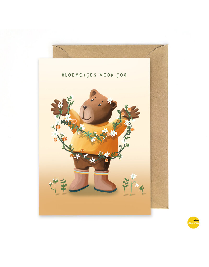 illustra'lies Wenskaart illustra'lies 'Bloemetjes voor jou' - Beer met bloemenkrans