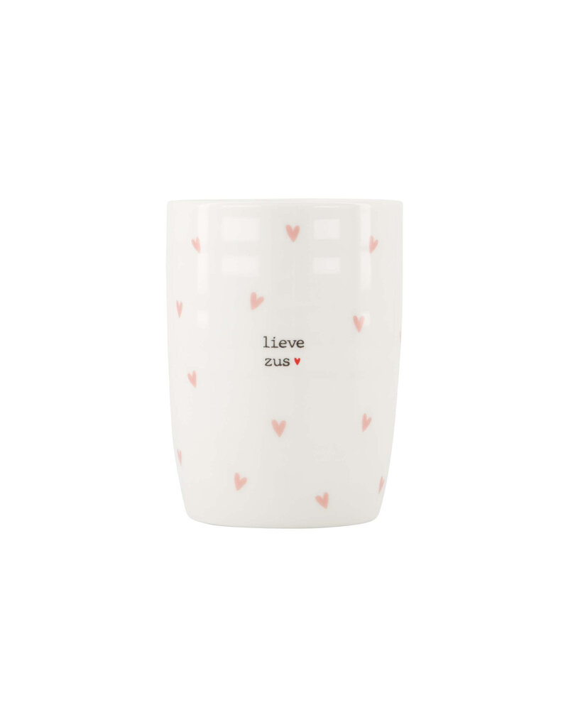 Zusss Koffiemok met hartjes 'lieve zus' wit /  roze