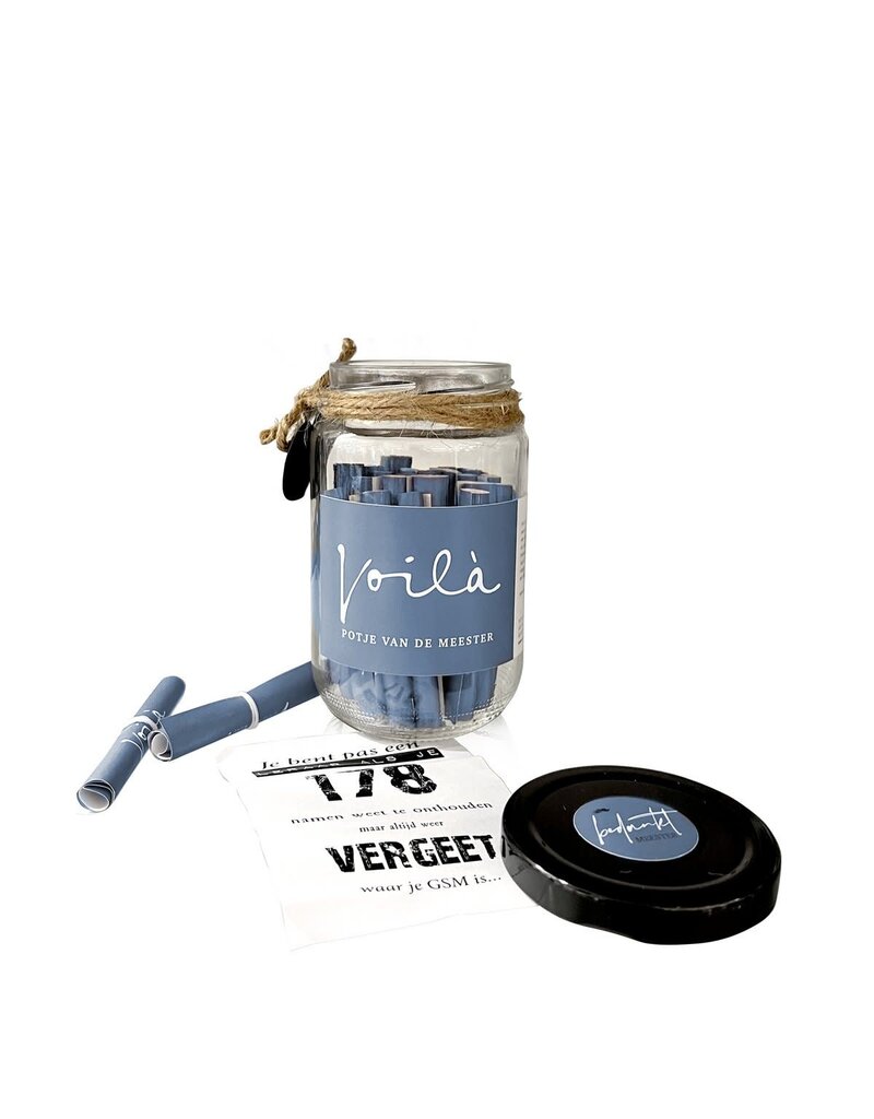 Voilà Gifts and more Potje met leuke en grappige kaartjes 'Bedankt Meester'