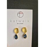 Katwalk Zilver Verguld zilver oorsteker - Kuipje met blauwe steen