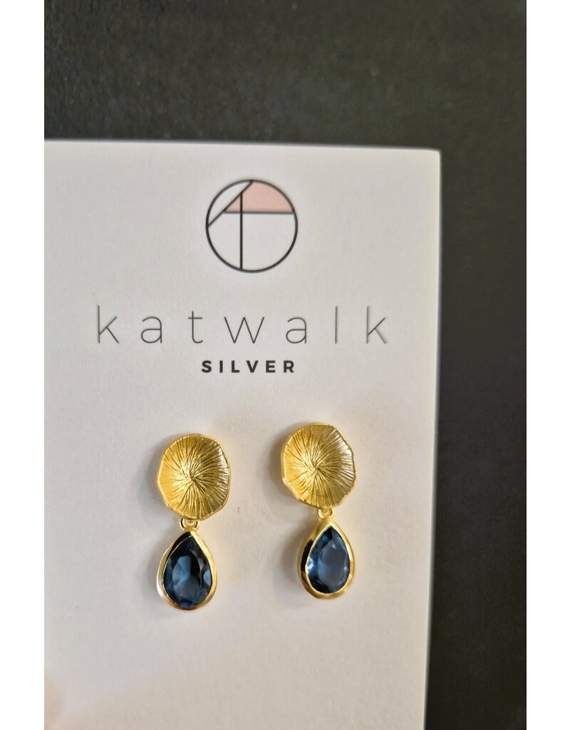 Katwalk Zilver Verguld zilver oorsteker - Kuipje met blauwe steen