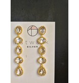 Katwalk Zilver Oorstekers in verguld brass - 5 geschakelde witte stenen (rozet)