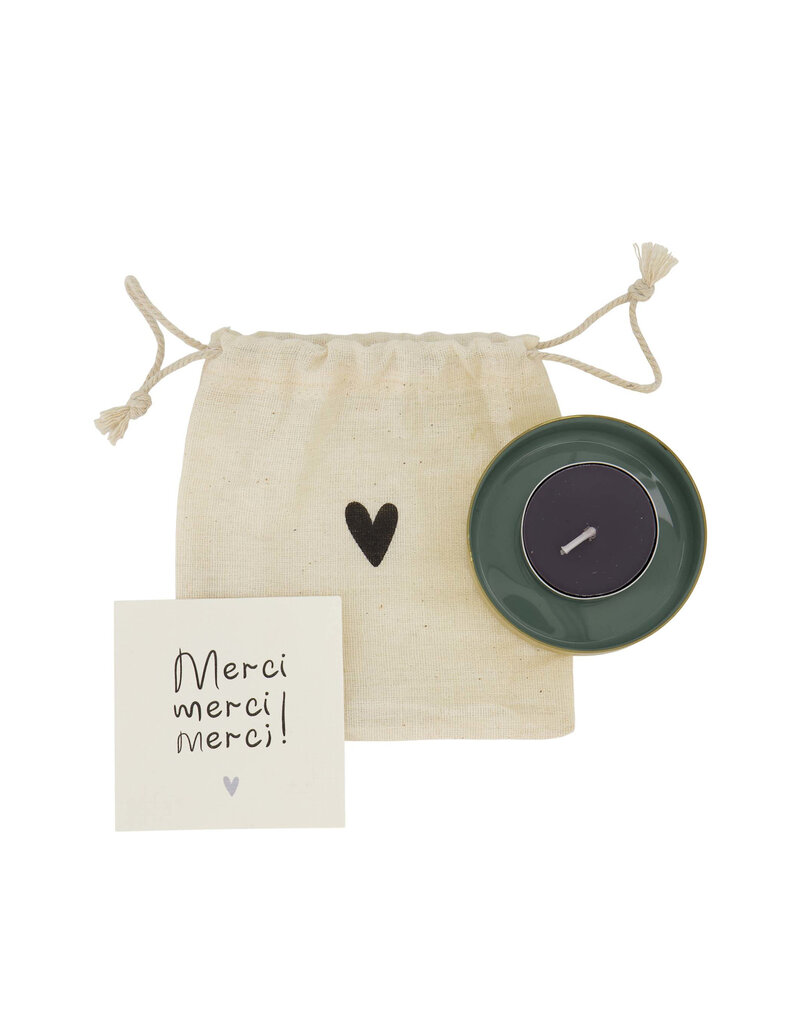 Zusss Theelichthouder metaal in zakje 'merci' - grijsblauw