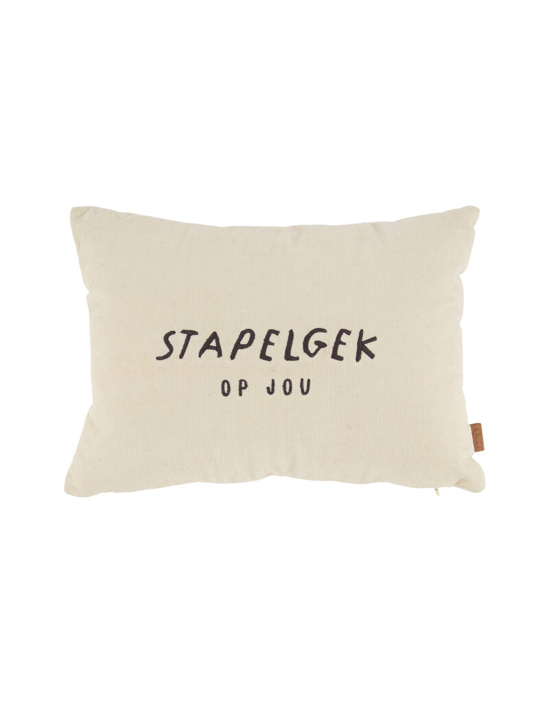 Zusss Kussen corduroy 'Stapelgek op jou'  35x25cm zand/antracietgrijs