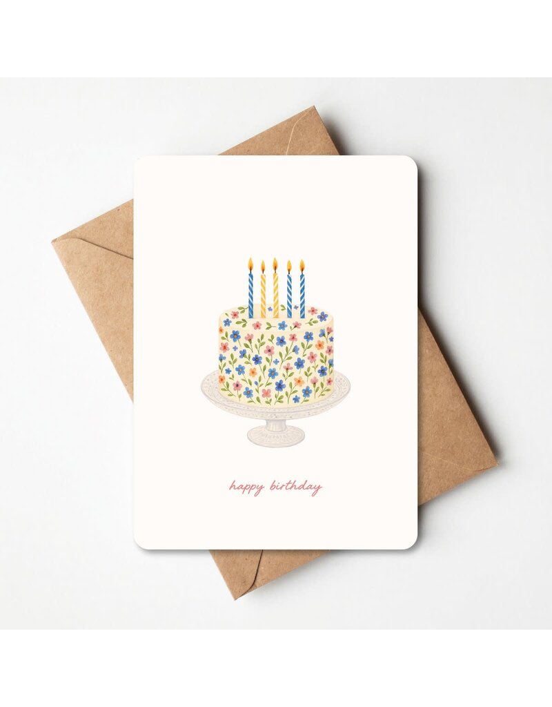 Buro Allure Wenskaart Happy Birthday - bebloemde taart met kaarsjes