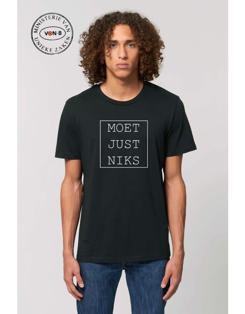 Ministerie van Unieke Zaken T-shirt 'Moet just niks' - zwart