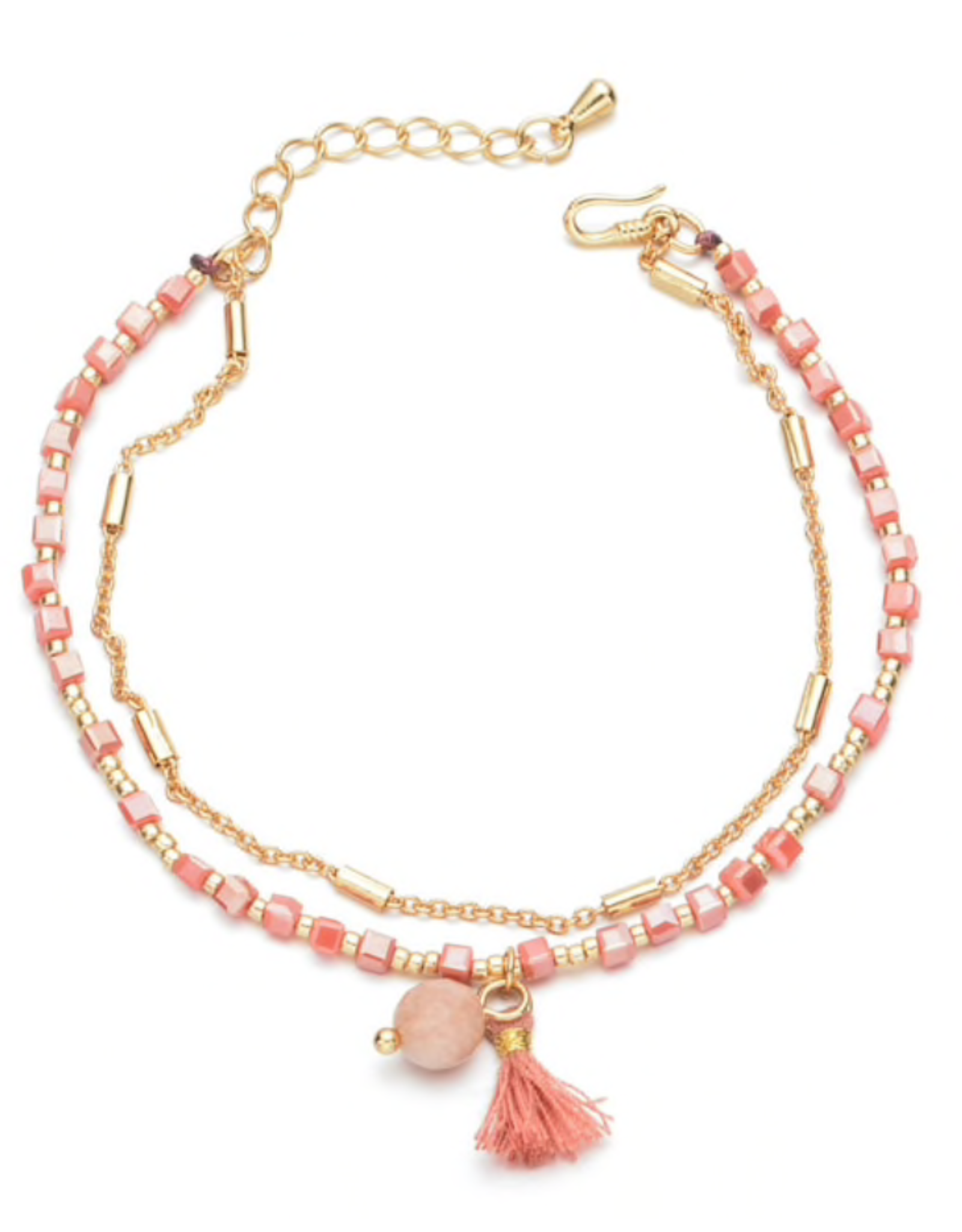 Gouden armband met roze koraal kralen