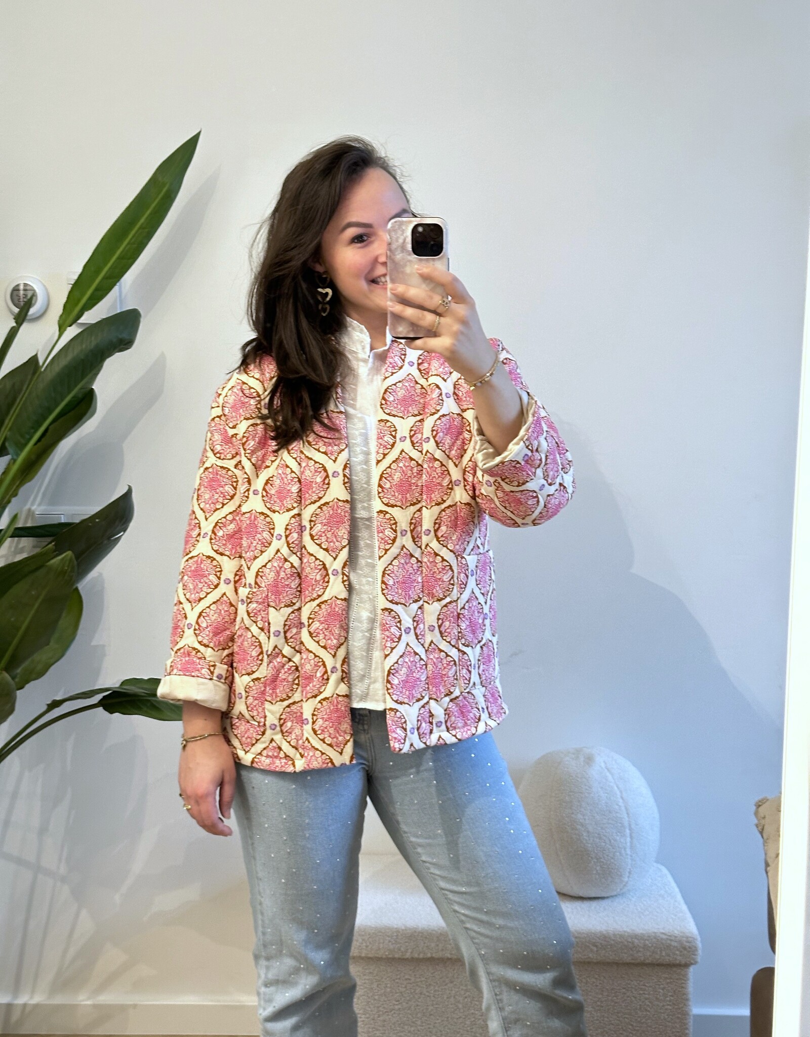 Jasje creme met roze print