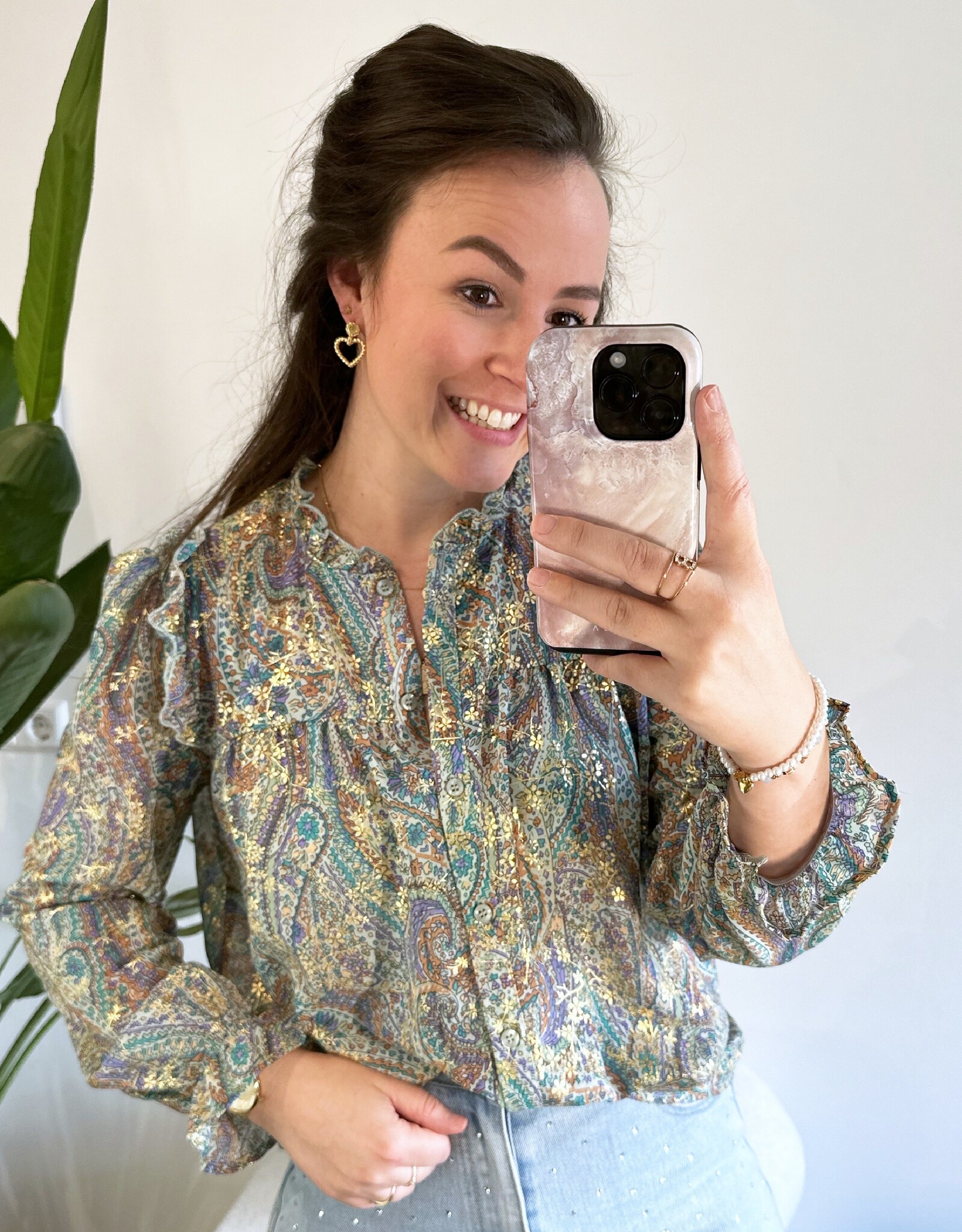 Gekleurde blouse groen met goud