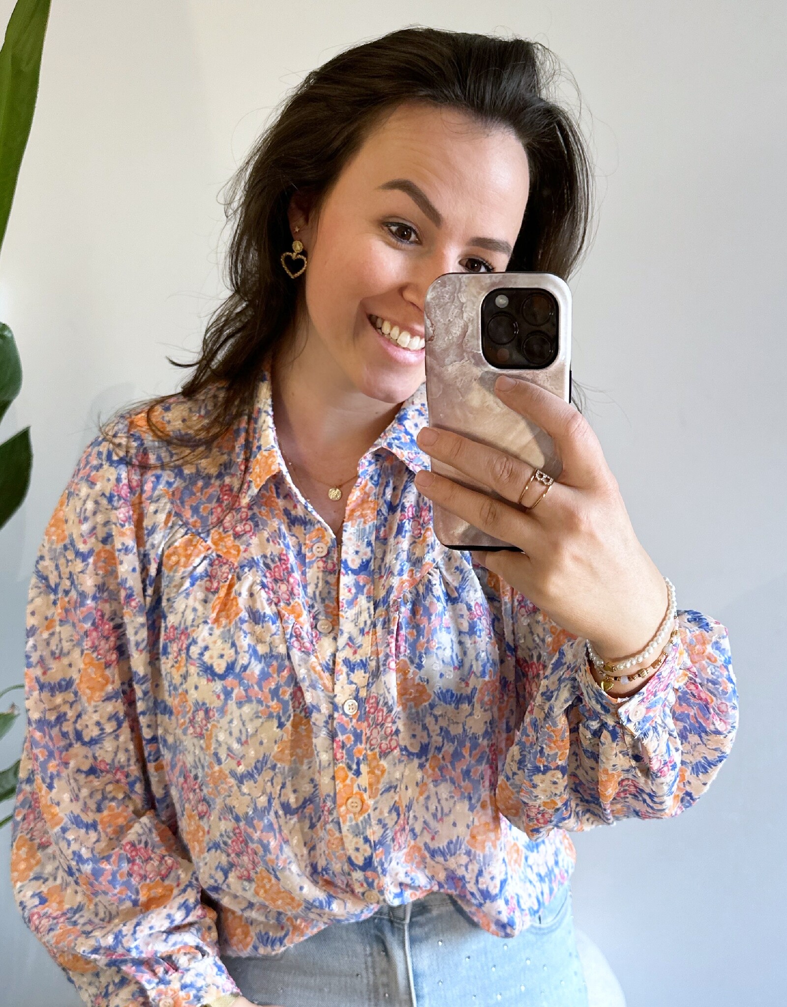 Bloemen blouse blauw oranje