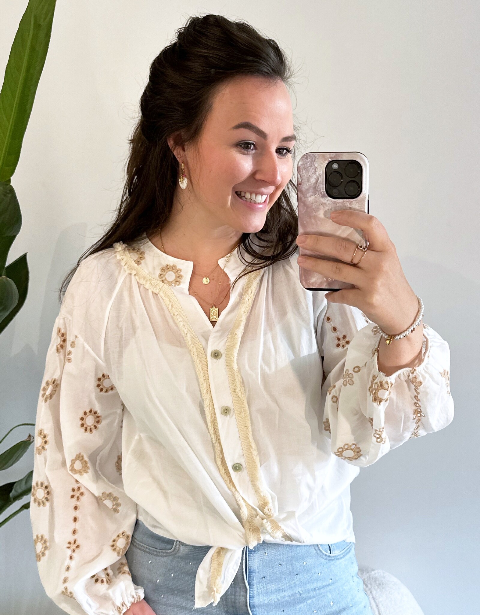 Witte blouse bloemen broderie