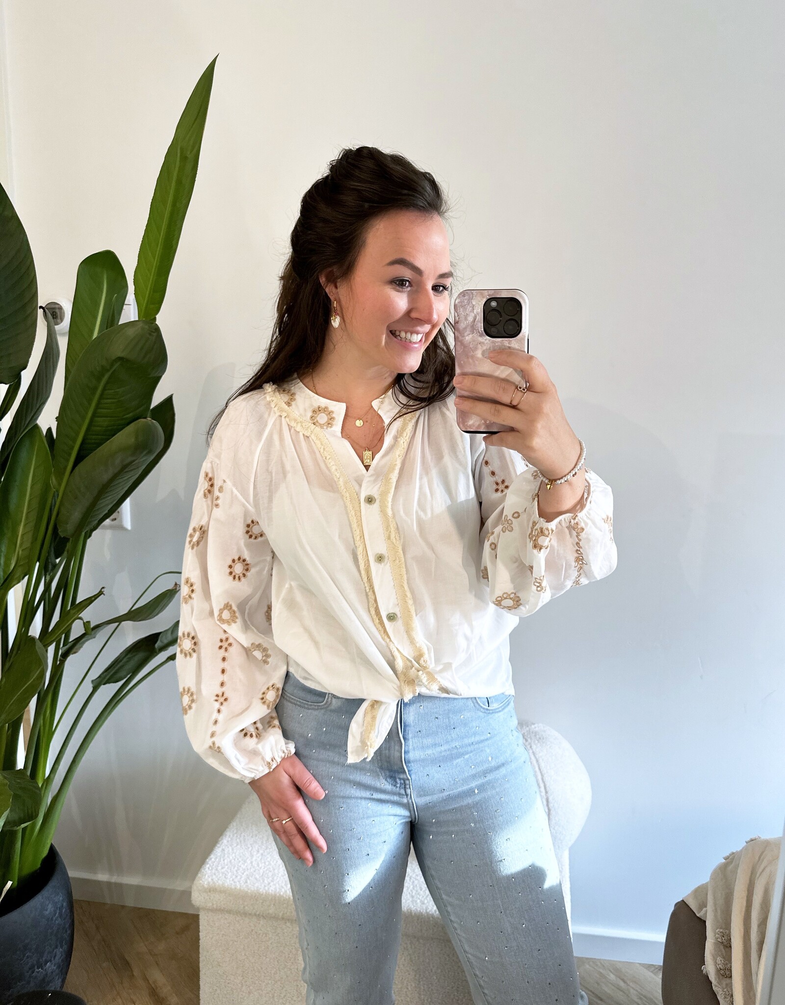 Witte blouse bloemen broderie