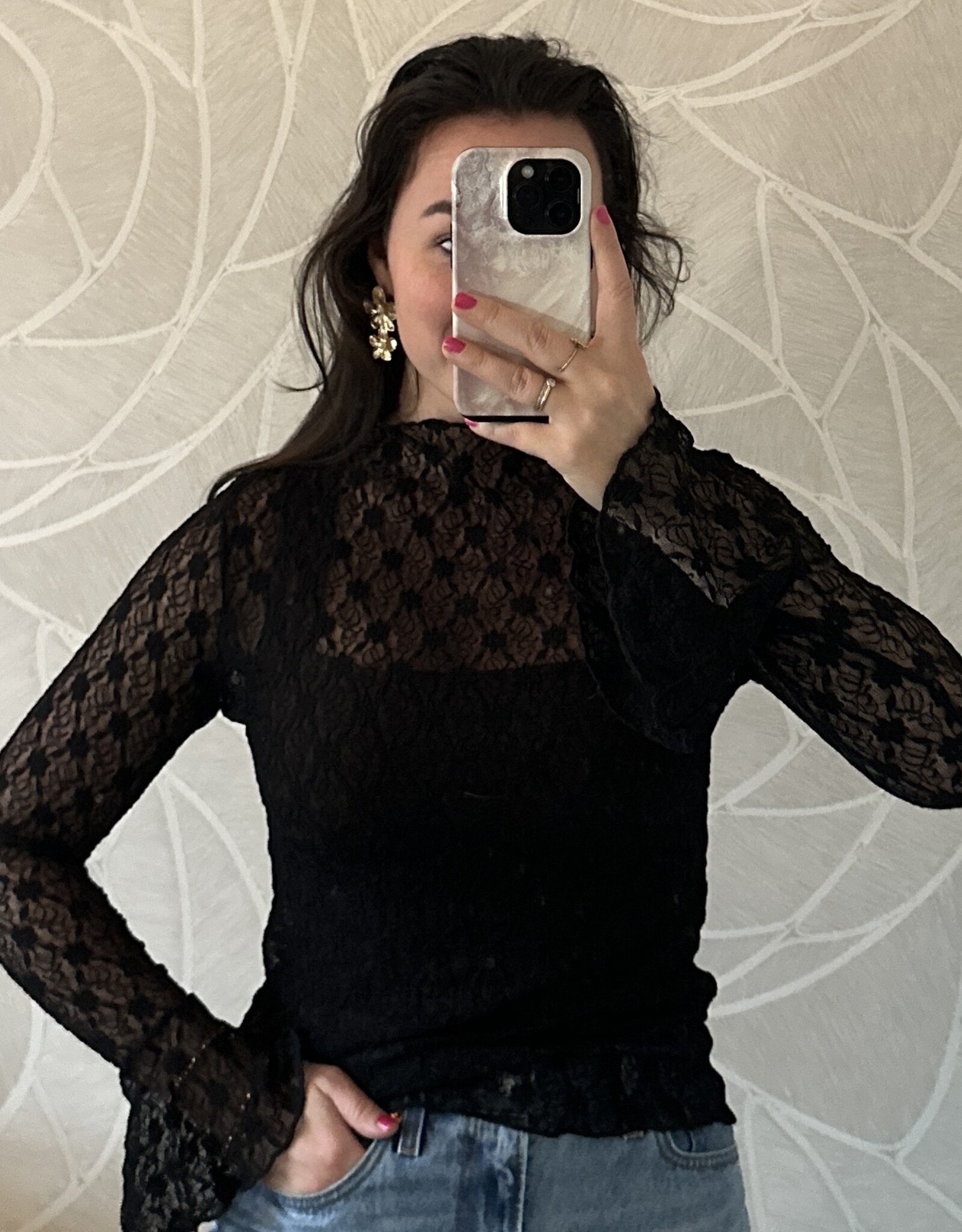 Kanten top Kaya - zwart