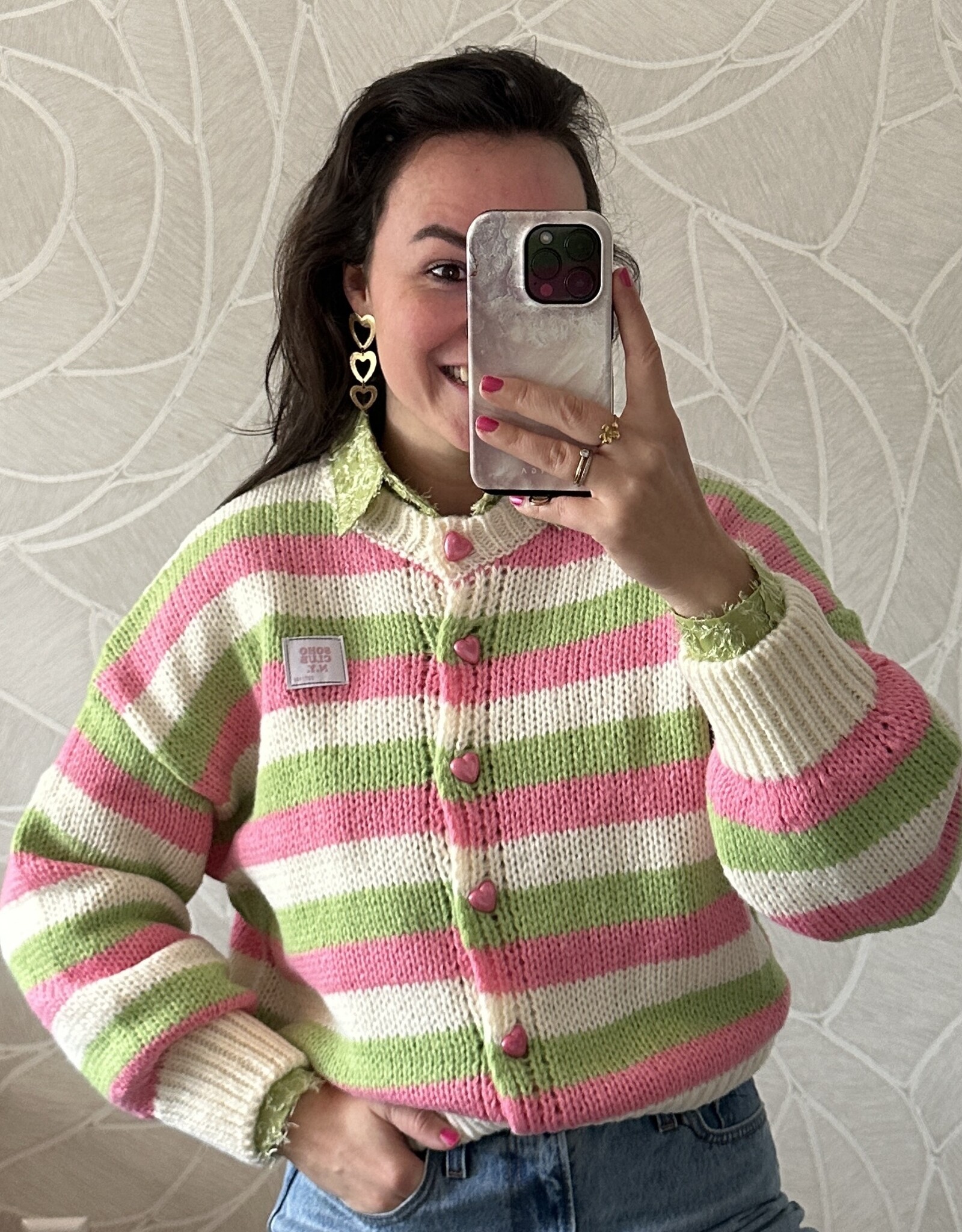 Gestreept vest hartjes - roze/groen/creme