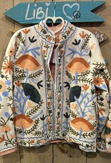 Suzani velvet jasje – ecru bloemen oranje