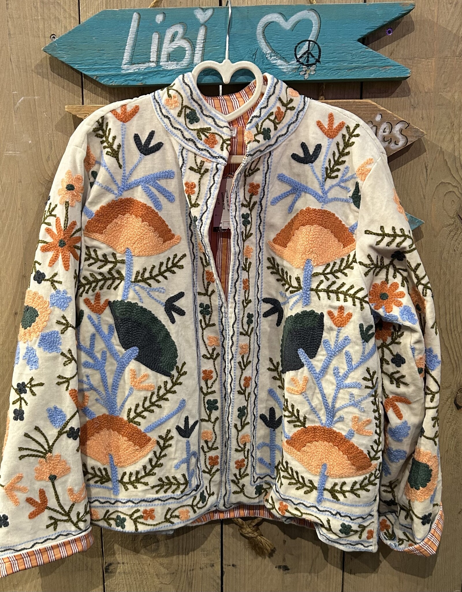 Suzani velvet jasje – ecru bloemen oranje