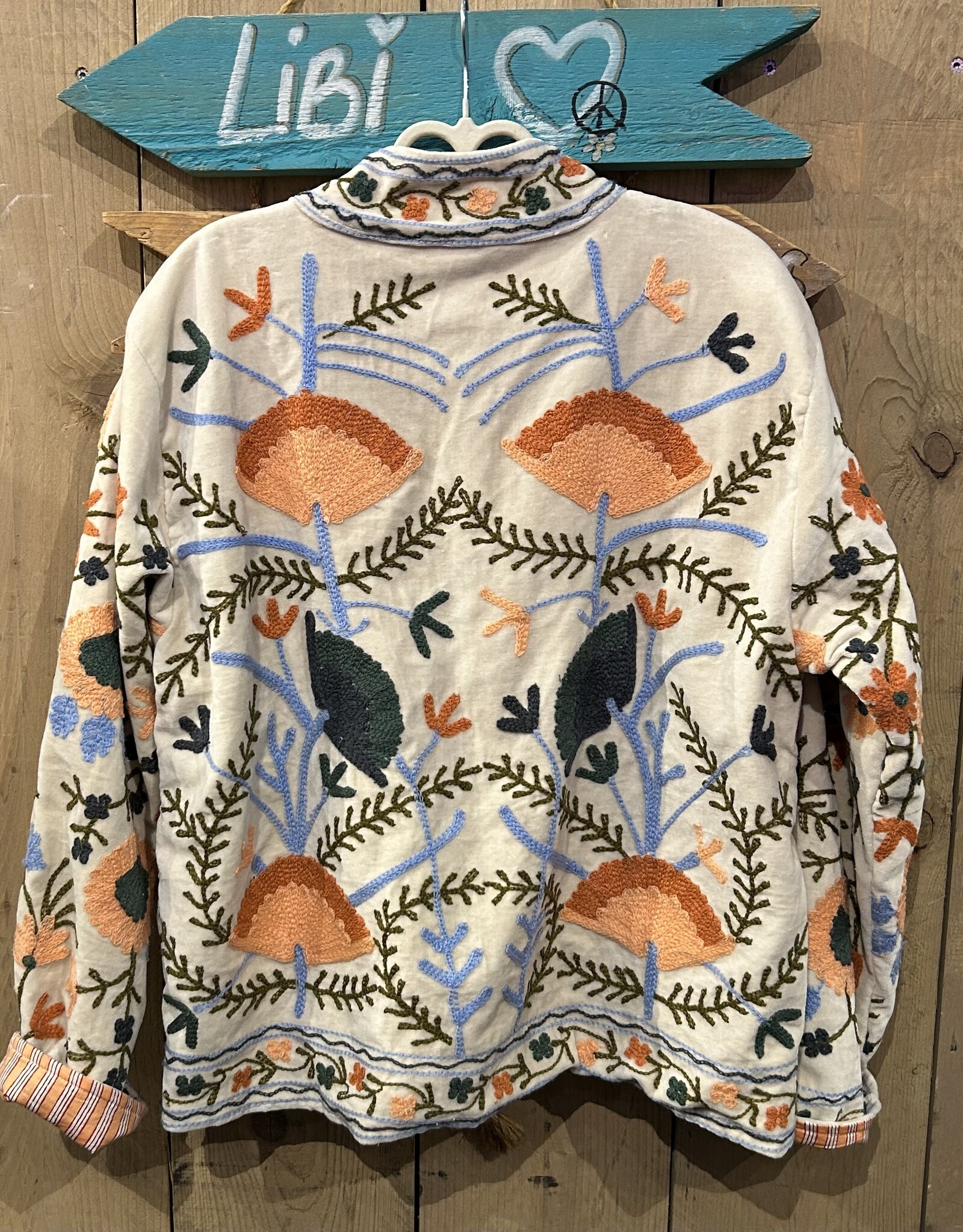 Suzani velvet jasje – ecru bloemen oranje