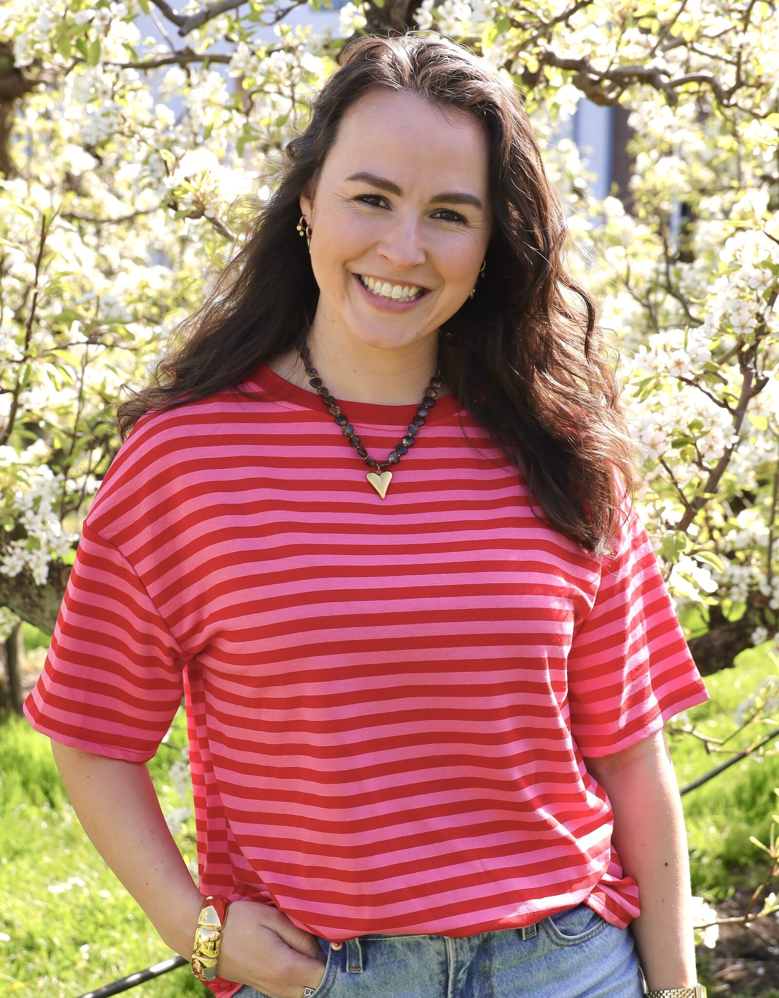 Gestreept t-shirt - donker roze/rood