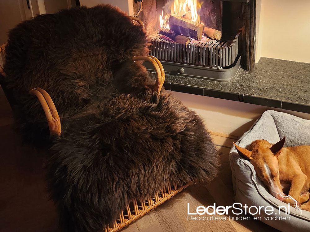 Brown sheepskin in chair by fireplace with dog in basket Wendala