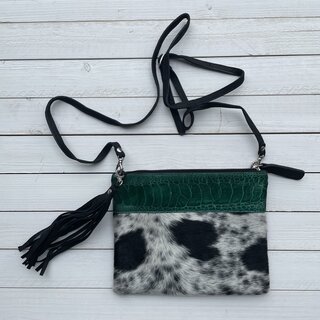Tas Mickey koeienhuid (Nguni) struisvogel zwart wit groen 25x20cm