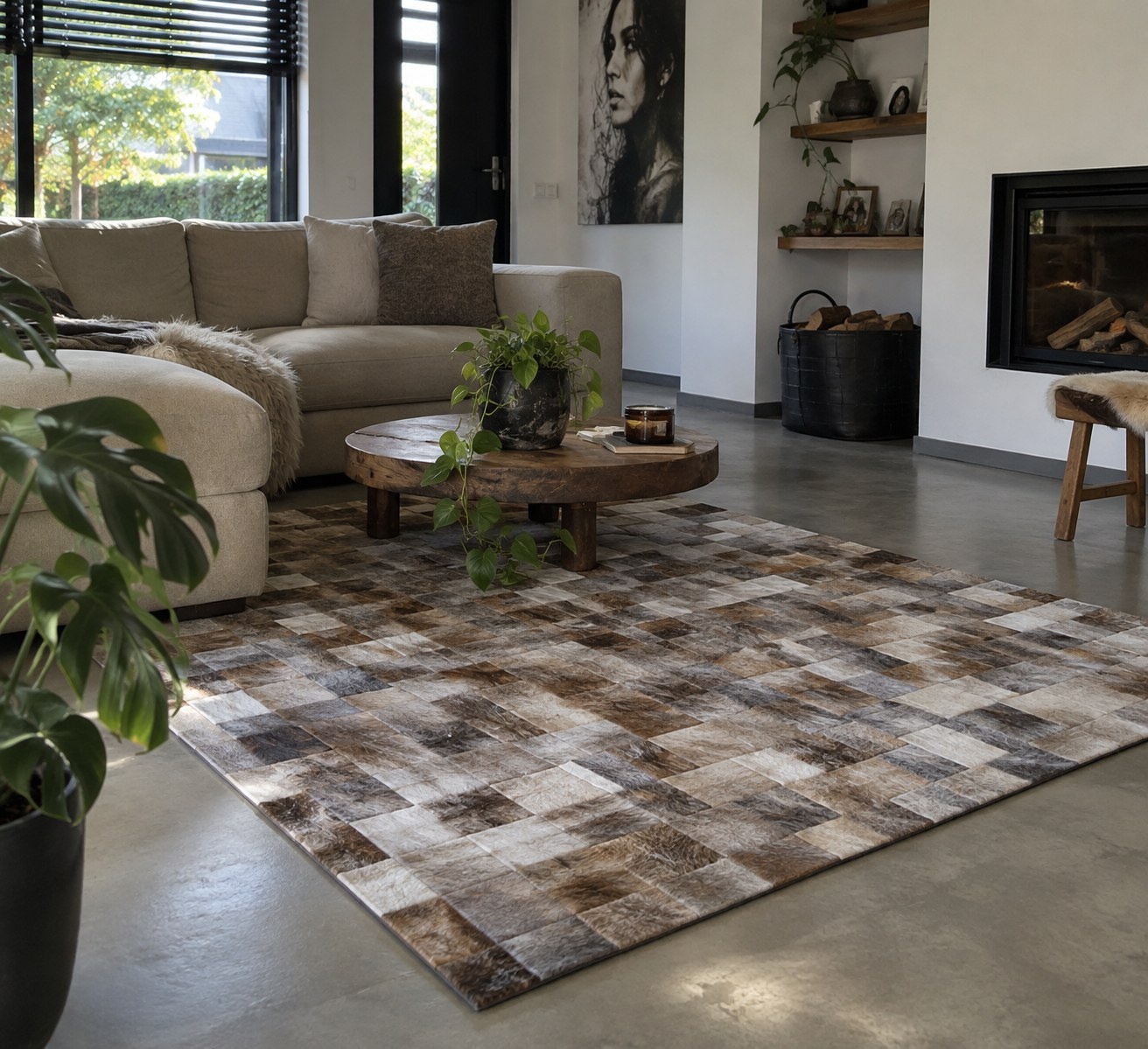 Koeienhuid patchwork vloerkleed grijsbruin 180x120cm