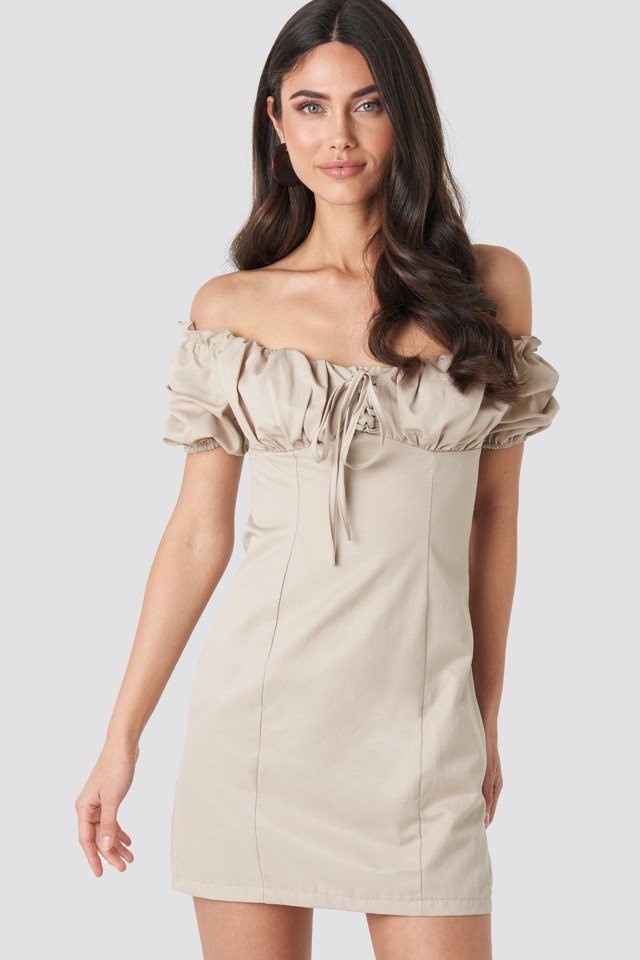 asics Tie Front Off Shoulder Mini Dress Beige